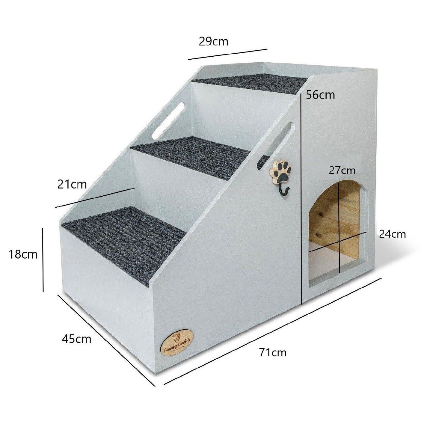 Photo of the 3 steps Mini to Max Bed Stairs with measurements. Dog stairs suitable for bed