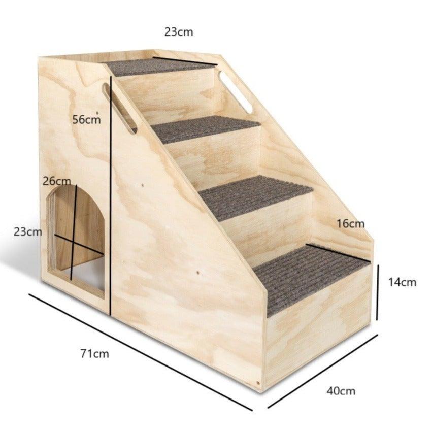 Photo of the 4 steps Mini to Max Bed Stairs with measurements. Dog stairs suitable for bed