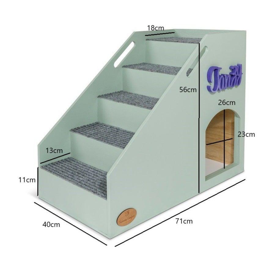 Photo of the 5 steps Mini to Max Bed Stairs with measurements. Dog stairs suitable for bed