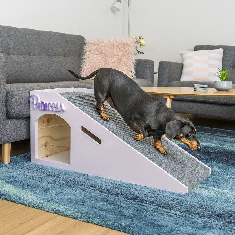 Photo of the Sleek Couch Ramp with Dashound going down ramp. Dog ramp suitable for couch.