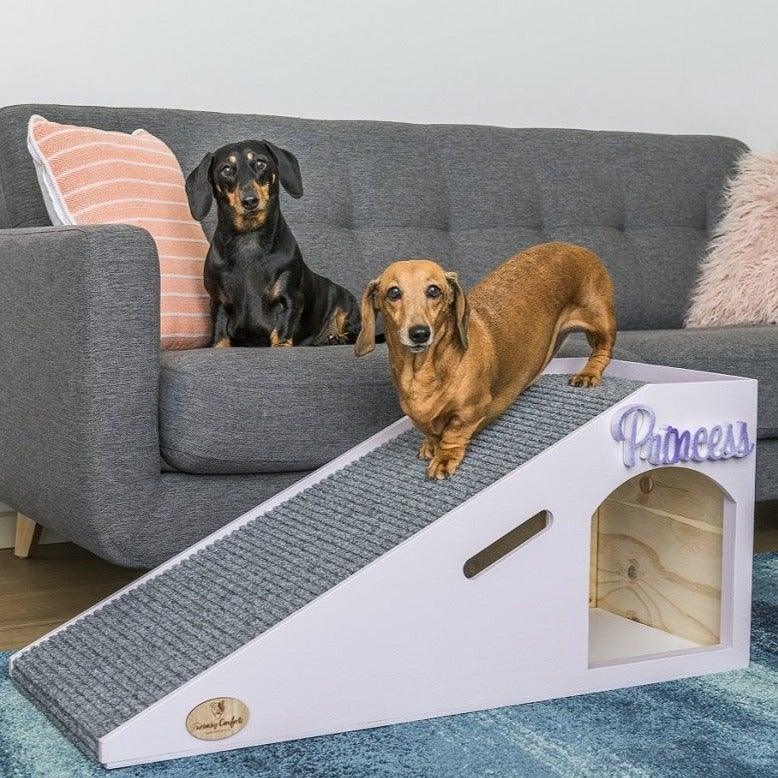 Photo of the Sleek Couch Ramp with two dashounds. Dog ramp suitable for couch. 