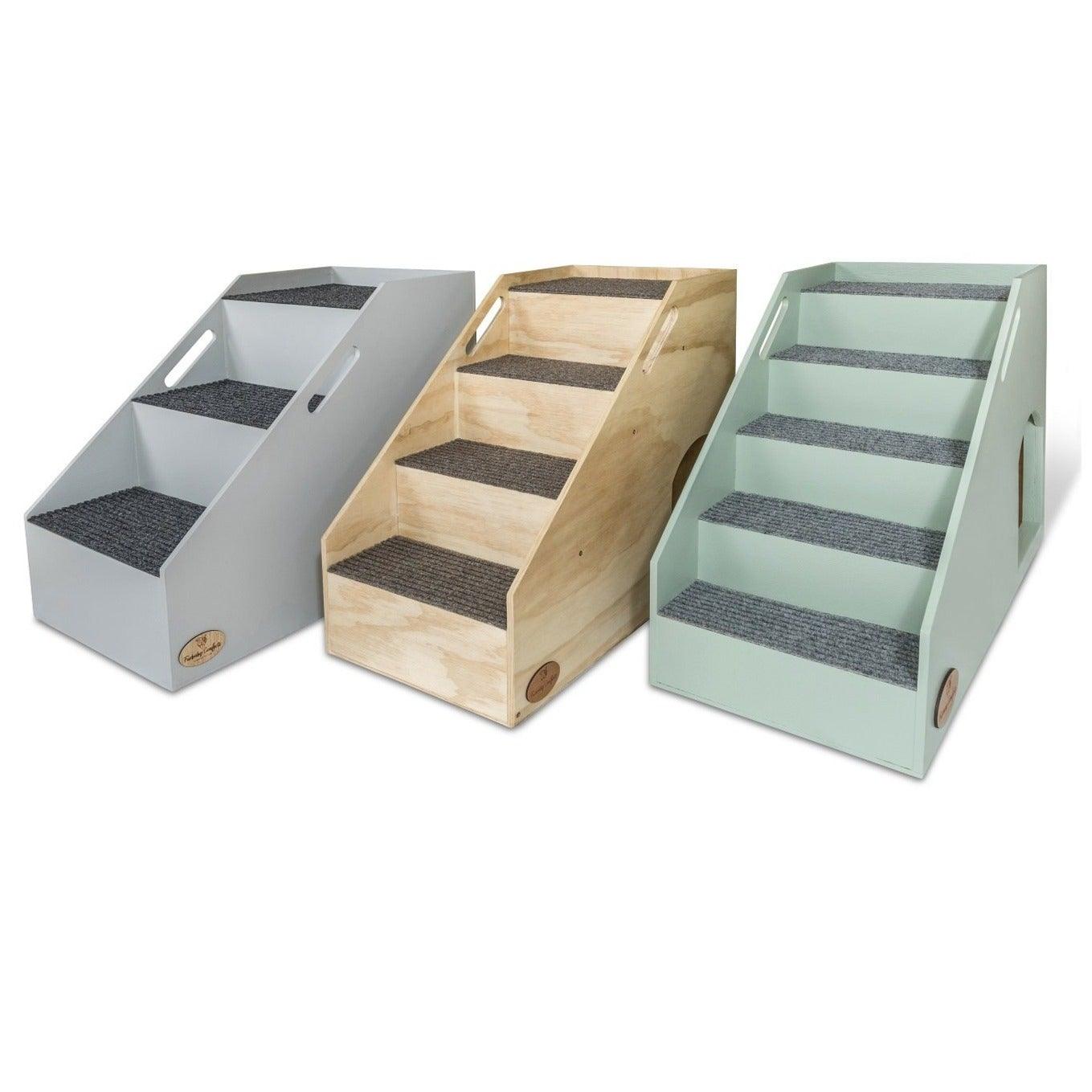 Photo of the Mini to Max Bed Stairs in the 3 sizes available. Dog stairs suitable for bed