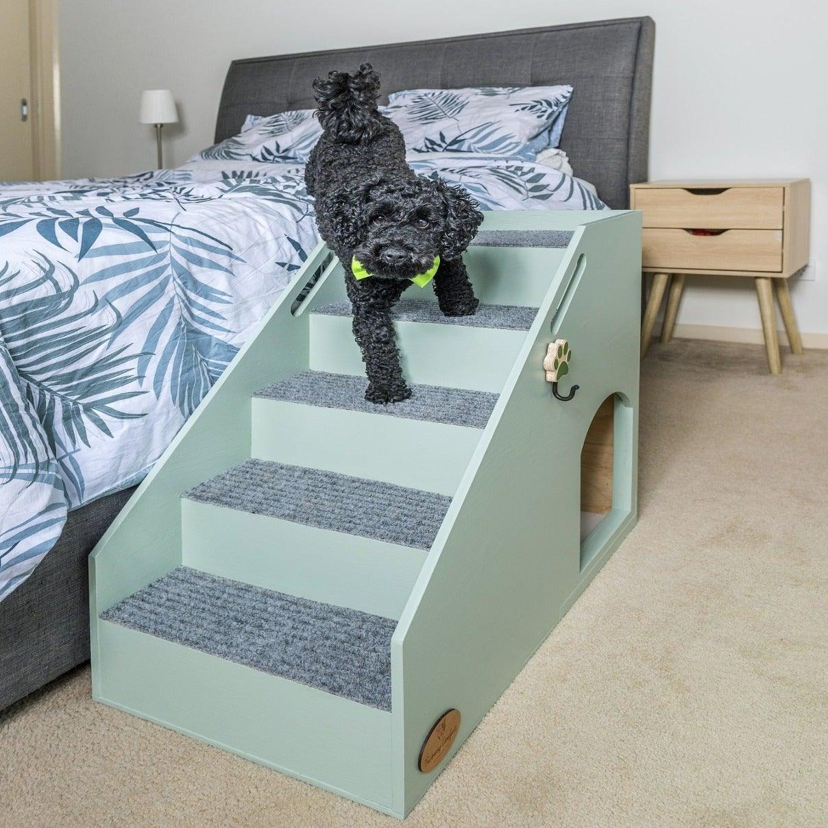 Photo of the Mini to Max Bed Stairs with toy poodle. Dog stairs suitable for bed