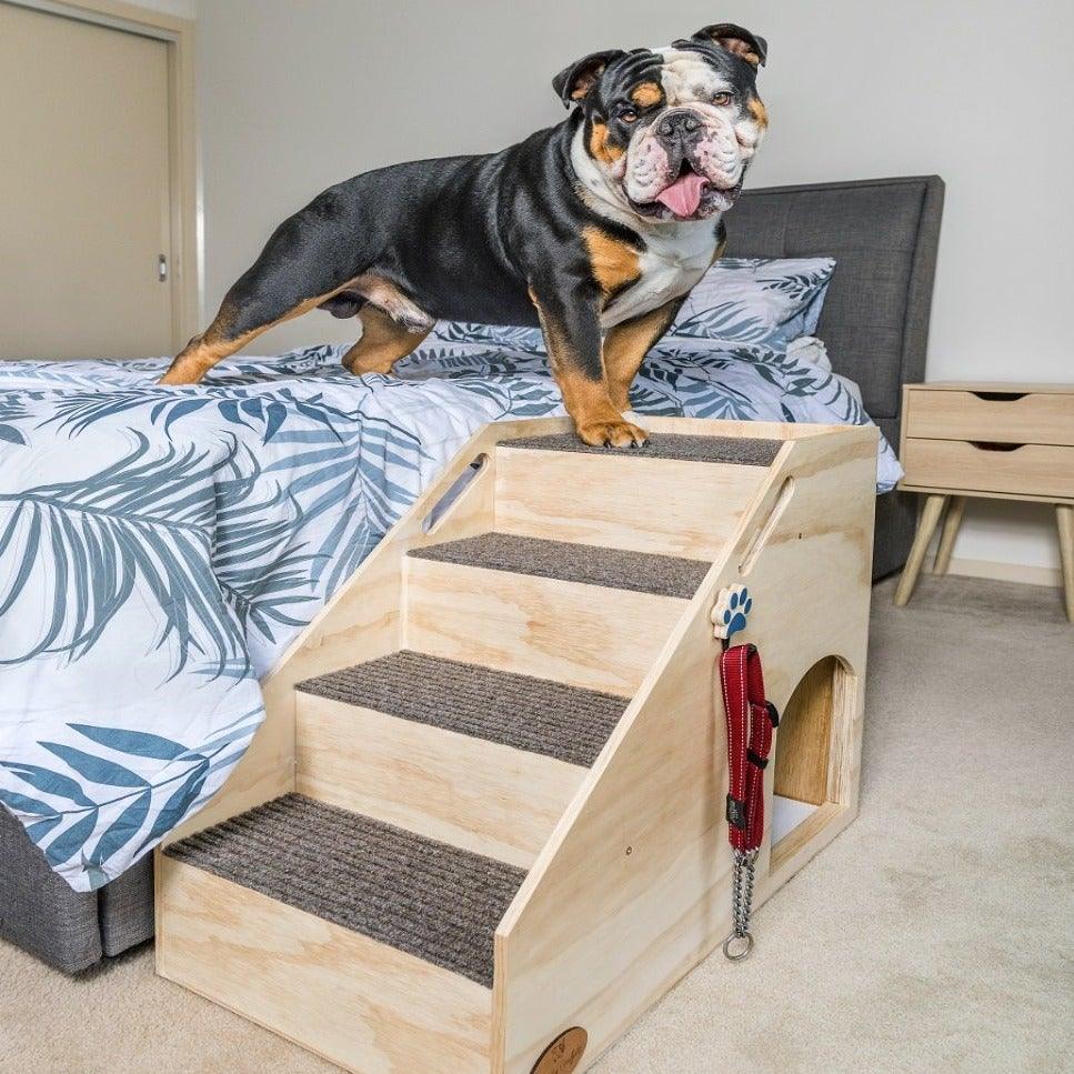 Photo of the Mini to Max Bed Stairs with Bull Dog. Dog stairs suitable for bed